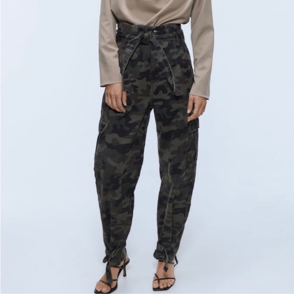 Zara The Joy PaperBag Pants Jeans Camo Denim Relaxed Fit Tapered Leg High waist - Picture 15 of 15